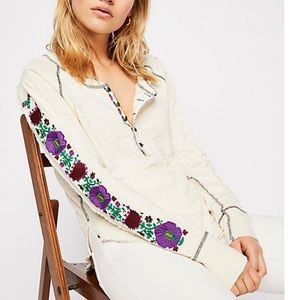 Free People Petal Embroidered Sleeve Henley Shirt